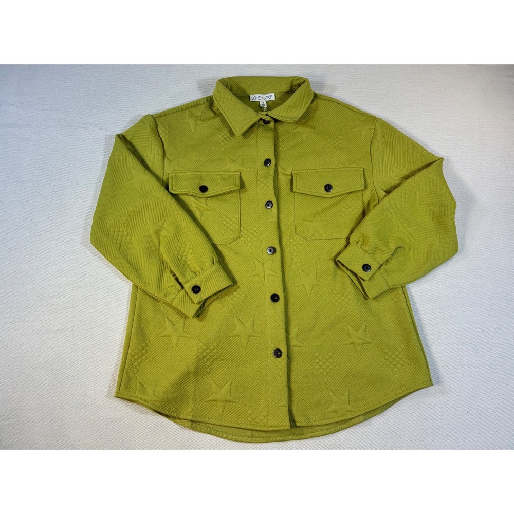 She + Sky Chartreuse Green Star Patterned Heavy Knit Shirt Jacket Shacket S‎ NEW